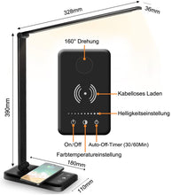 Lade das Bild in den Galerie-Viewer, Multifunktionale Schreibtischlampe mit kabellosem Ladegerät, USB-Ladeanschluss, Auto-Off-Timer, 5 Farben 5 Helligkeitsstufen Dimmbar, Desk Lamp