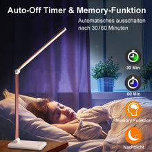Lade das Bild in den Galerie-Viewer, LED Schreibtischlampe mit Ladefunktion und Auto-Off-Timer, 5 Farben 5 Helligkeitsstufen Dimmbar, Tischlampe Tischleuchte mit USB-Ladeanschluss, Desk Lamp