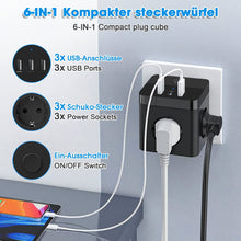 Lade das Bild in den Galerie-Viewer, 6-in-1 Mehrfachsteckdose, Steckdosenwürfel mit 3 USB, 3 Fach Steckdosenleiste, Steckdosenadapter, Steckdose Mehrfach, Multiple Socket