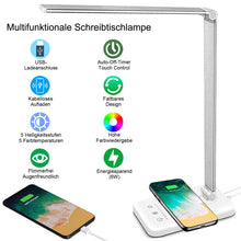 Lade das Bild in den Galerie-Viewer, Multifunktionale Schreibtischlampe mit kabellosem Ladegerät, USB-Ladeanschluss, Auto-Off-Timer, 5 Farben 5 Helligkeitsstufen Dimmbar, Desk Lamp
