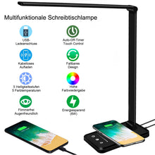 Lade das Bild in den Galerie-Viewer, Multifunktionale Schreibtischlampe mit kabellosem Ladegerät, USB-Ladeanschluss, Auto-Off-Timer, 5 Farben 5 Helligkeitsstufen Dimmbar, Desk Lamp
