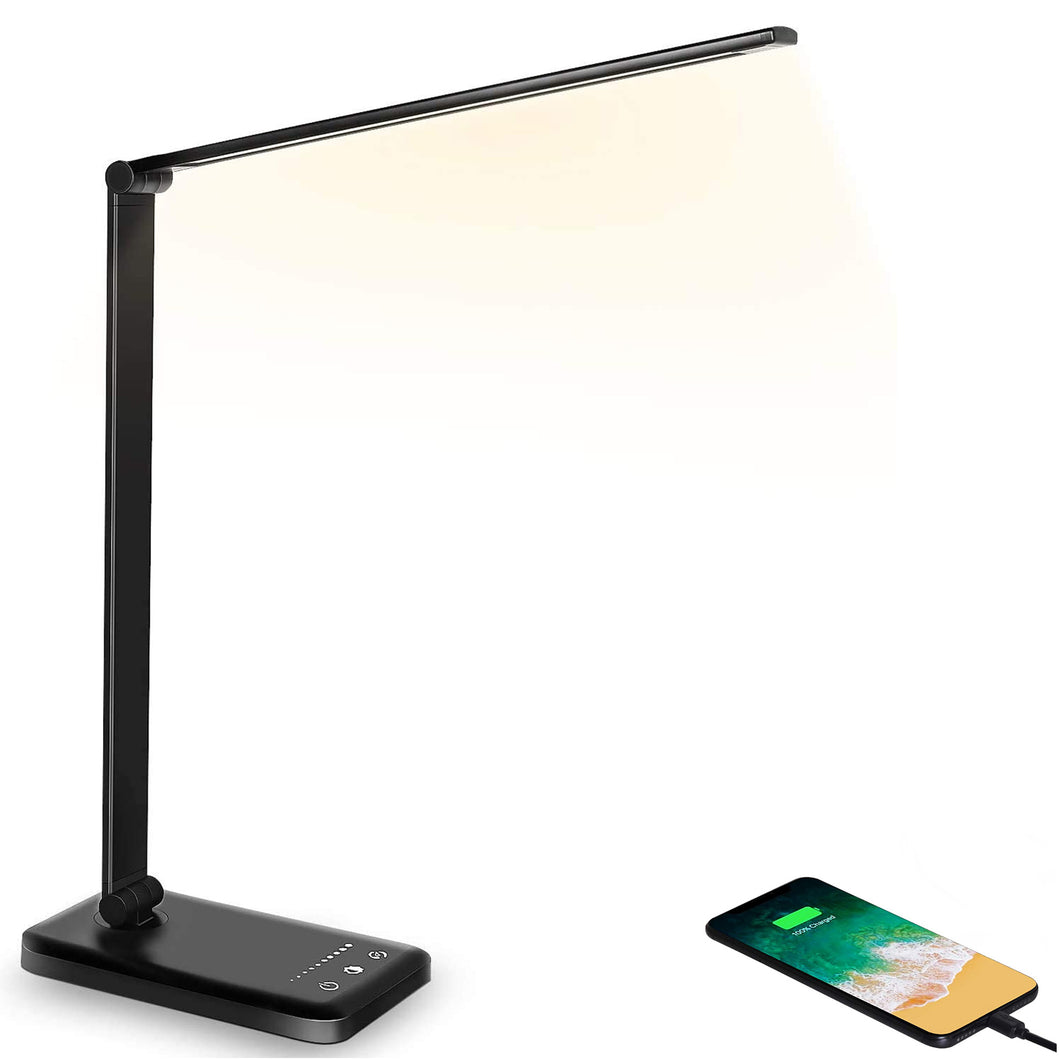 LED Schreibtischlampe mit Ladefunktion und Auto-Off-Timer, 5 Farben 5 Helligkeitsstufen Dimmbar, Multifunktionale Tischlampe mit USB-Ladeanschluss, Desk Lamp