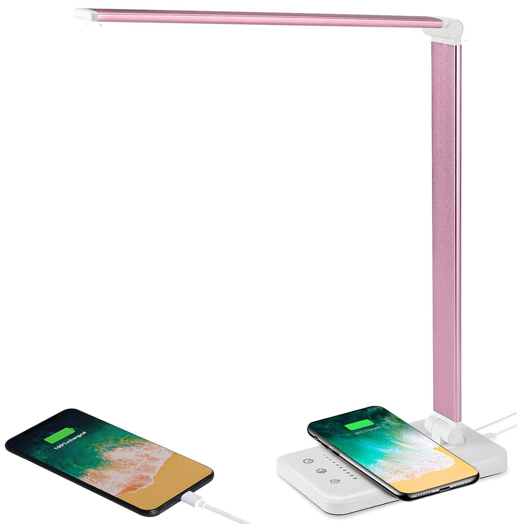 Multifunktionale Schreibtischlampe mit kabellosem Ladegerät, USB-Ladeanschluss, Auto-Off-Timer, 5 Farben 5 Helligkeitsstufen Dimmbar (Pink)