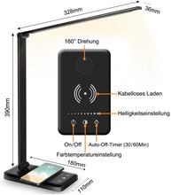 Lade das Bild in den Galerie-Viewer, Multifunktionale Schreibtischlampe mit kabellosem Ladegerät, USB-Ladeanschluss, Auto-Off-Timer, 5 Farben 5 Helligkeitsstufen Dimmbar, Desk Lamp
