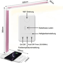 Lade das Bild in den Galerie-Viewer, Multifunktionale Schreibtischlampe mit kabellosem Ladegerät, USB-Ladeanschluss, Auto-Off-Timer, 5 Farben 5 Helligkeitsstufen Dimmbar (Pink)
