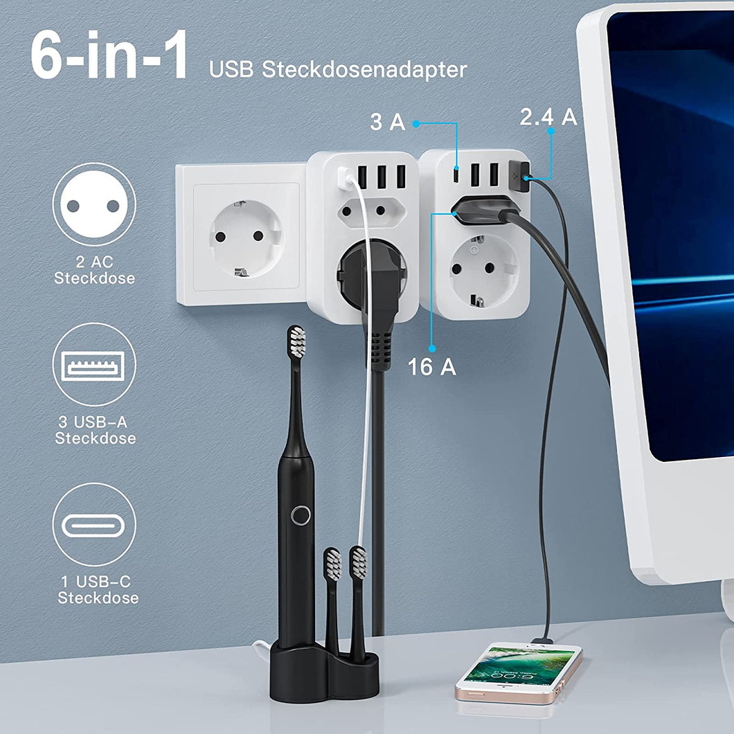 2 Stück Mehrfachsteckdosen, 6 in 1 USB Steckdosen Adapter, 2-Steckdose mit 3 USB und 1 Typ-C-Anschluss