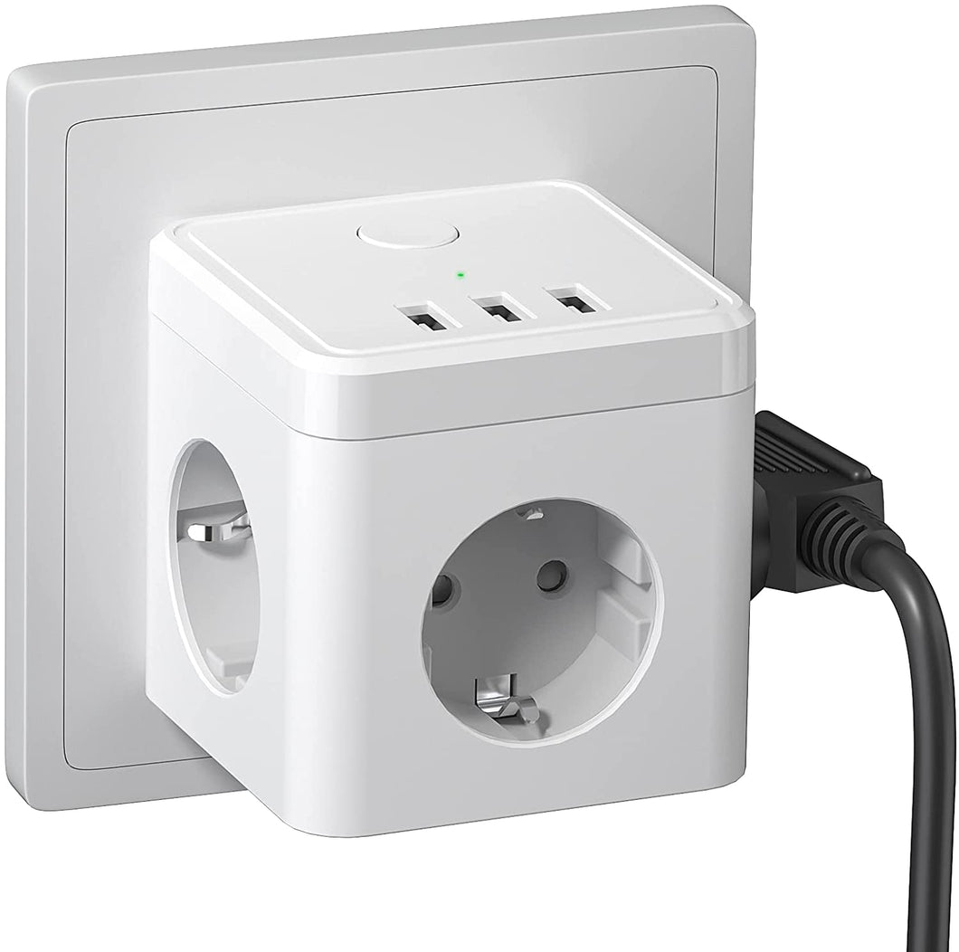 Mehrfachsteckdose, Steckdosenleiste, Multiple Socket, 6-in-1 Steckdosenwürfel 3 Fach Steckdosen mit 3 USB Ladegerät Anschluss