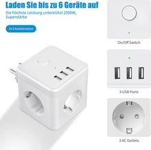 Lade das Bild in den Galerie-Viewer, Mehrfachsteckdose, Steckdosenleiste, Multiple Socket, 6-in-1 Steckdosenwürfel 3 Fach Steckdosen mit 3 USB Ladegerät Anschluss
