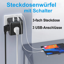 Lade das Bild in den Galerie-Viewer, Mehrfachsteckdose, Steckdosenleiste, Multiple Socket, 6-in-1 Steckdosenwürfel 3 Fach Steckdosen mit 3 USB Ladegerät Anschluss
