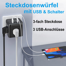 Lade das Bild in den Galerie-Viewer, Steckdosenwürfel Mehrfachsteckdose mit 3 USB &amp; Schalter 3 Fach Steckdosenadapter Steckdosenleiste/Multiple Socket
